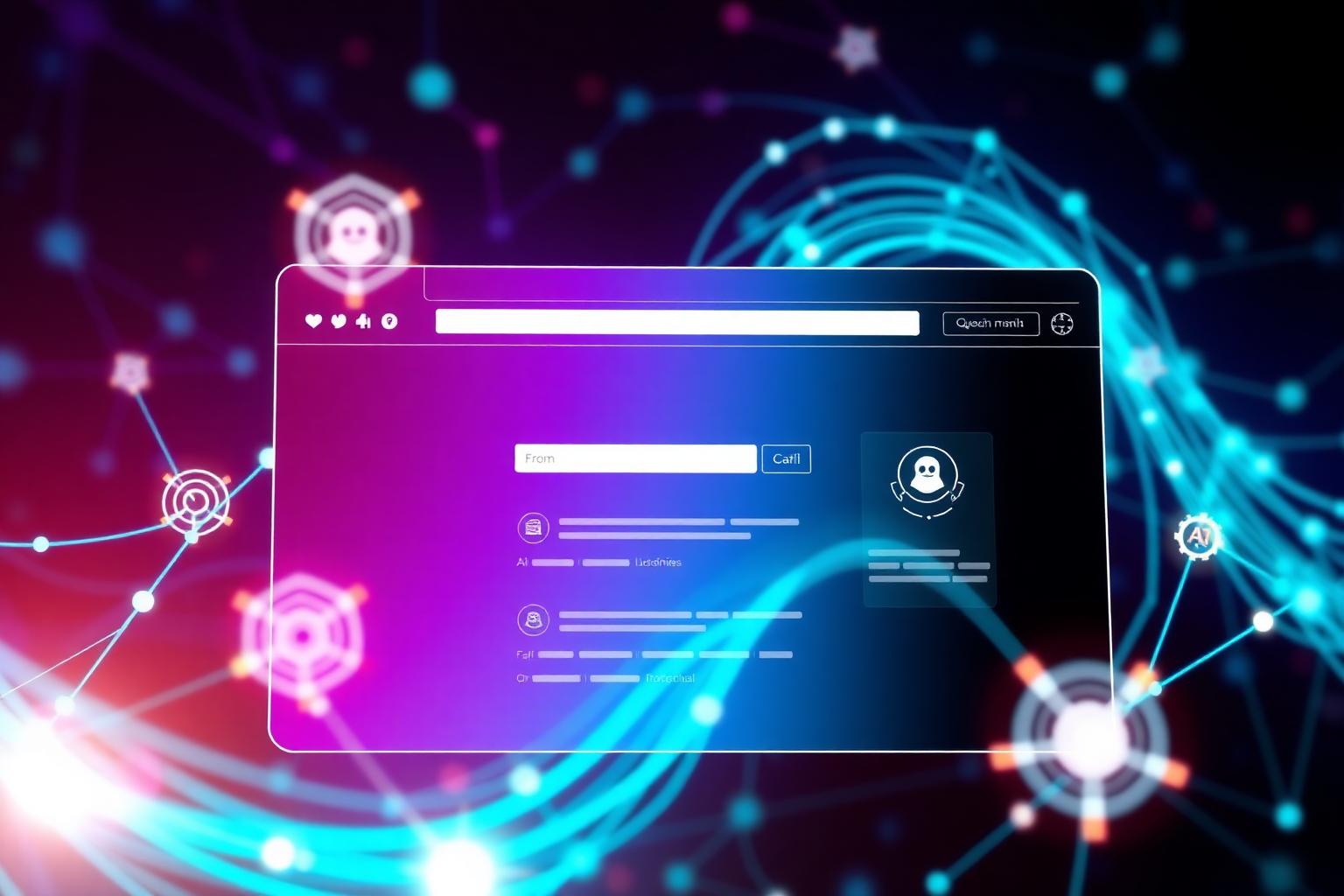 AI browser wars 2026 — futuristic browser window with neural network connections representing ChatGPT Atlas, Perplexity Comet and Dia