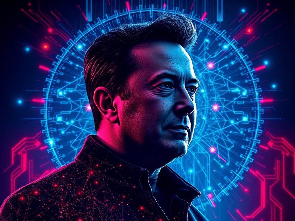 Elon Musk AI strategy 2026 — illustration of Musk surrounded by a glowing neural network representing xAI, Grok, Tesla and Optimus